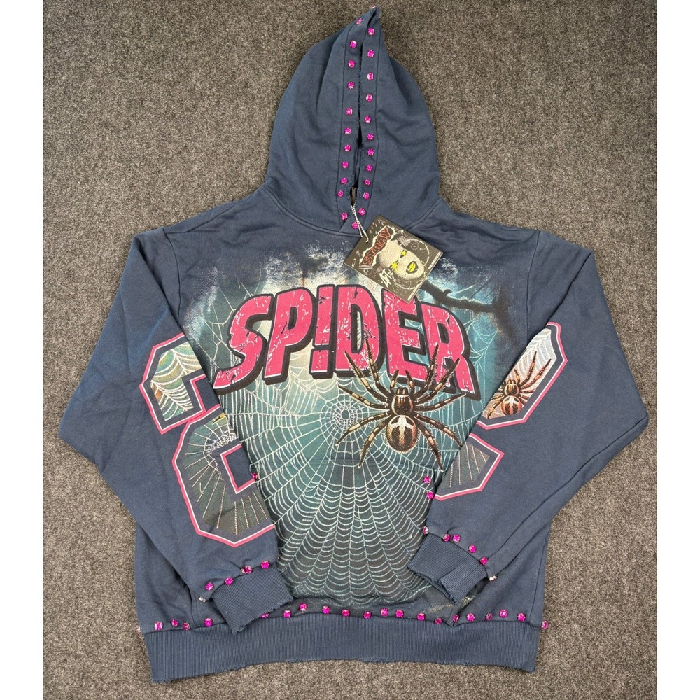 Stray Spider Web Rhinestone Hoodie Navy Blue Streetwear ST1609 Mens Large NEW